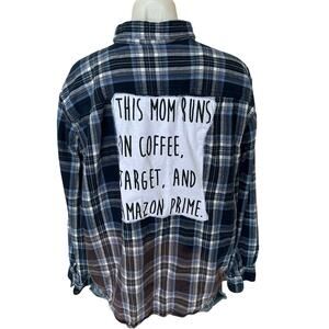 This Mom Runs on Coffee Plaid Flannel Shirt XL Classic Oversized Unique Quote